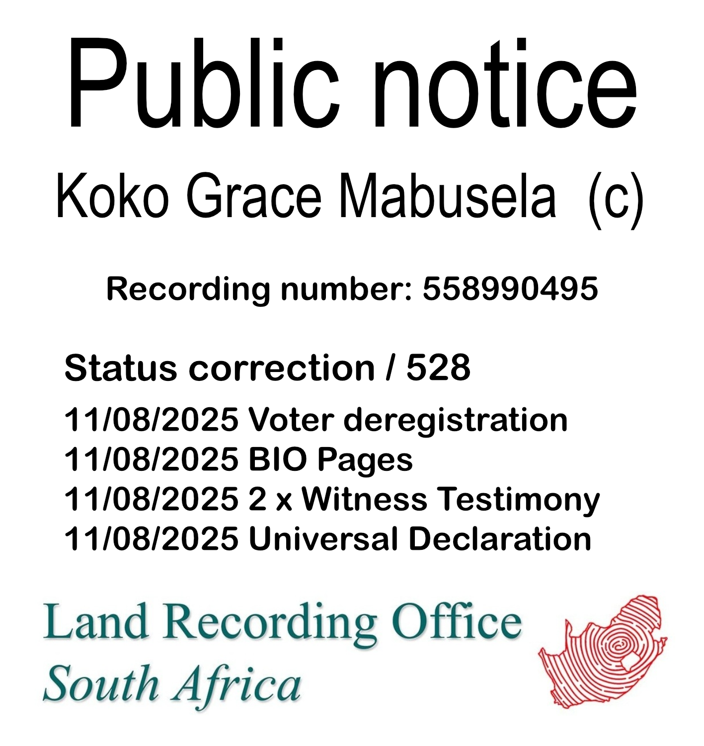 Public notice Koko Grace Mabusela (c) Recording number 558990495